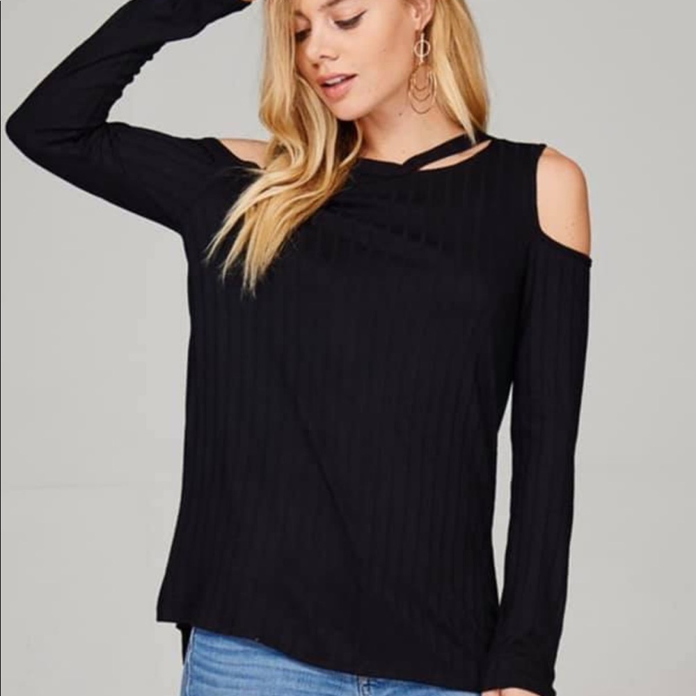 Hey Girl Hey Black Ribbed Cold Shoulder Top